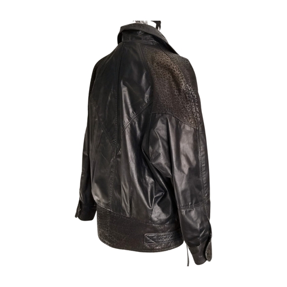 🇨🇦 90s Genuine Leather Black Leopard Bomber Jacket Size Medium Large - Picture 8 of 10